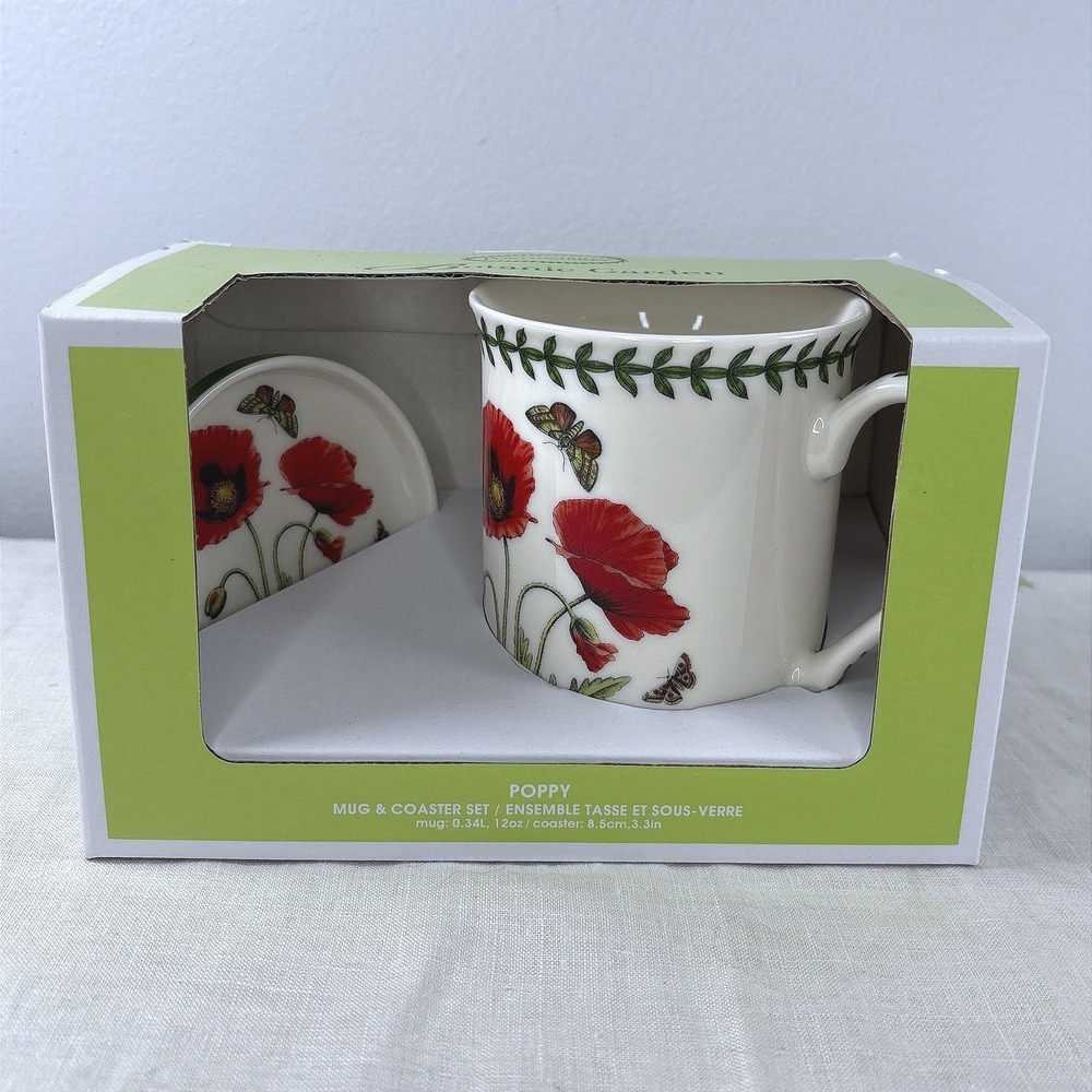 Portmeirion Botanic Garden Poppy Mug and Coaster Set 12oz Ceramic New in Box